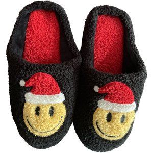 🌹Women’s Slippers Size XL 9.5/10 Santa Christmas Happy Face Smiley Sherpa Black